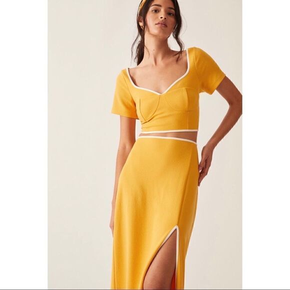 NEW Anthropologie Maeve Textured Corset Yellow Crop Top & Midi Skirt Set Medium - Picture 1 of 5